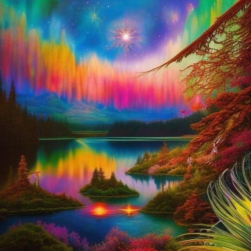 Psychedelic Castle Landscape with Aurora Borealis
