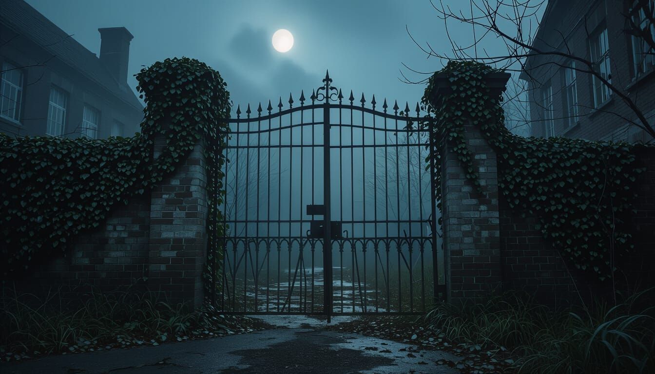 Eerie Abandoned Hostel Gate at Night in Foggy Moonlight