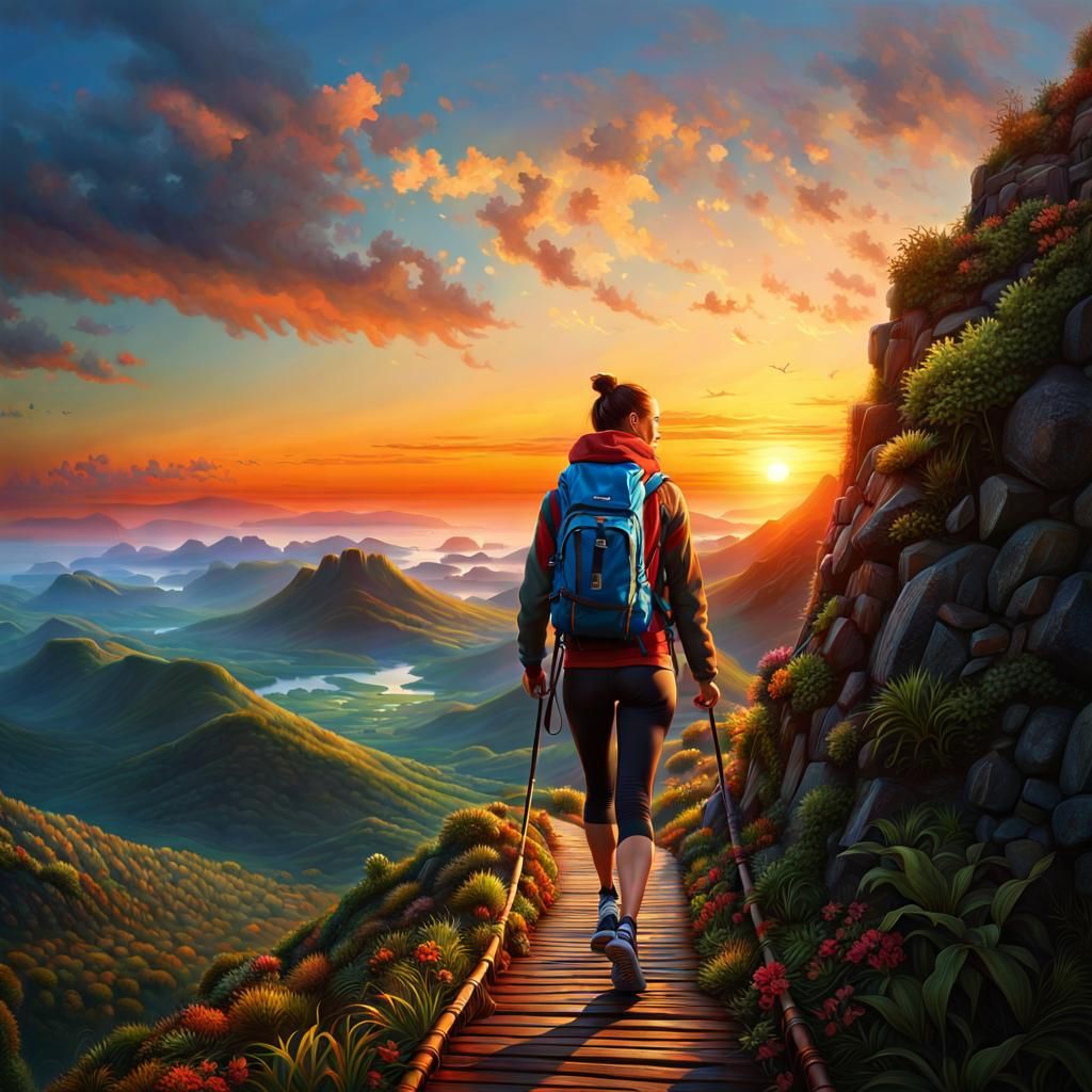 Hyperrealistic Woman on Tightrope at Sunrise