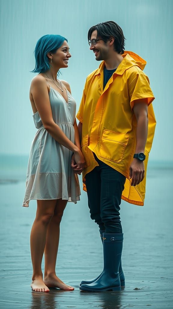 Couple in Torrential Rain on a Beach: Hyperrealistic