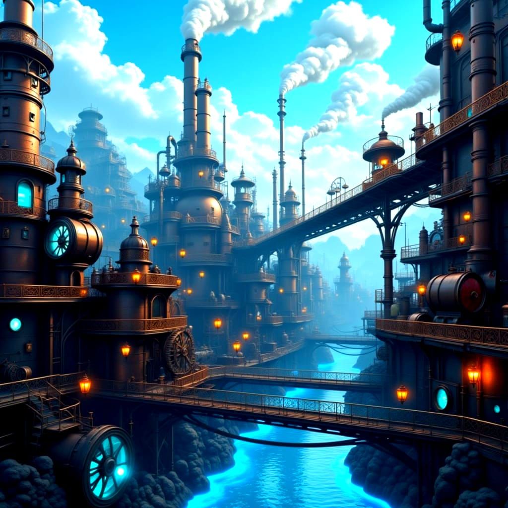Steampunk Cityscape with Bioluminescent River and Intricate ...