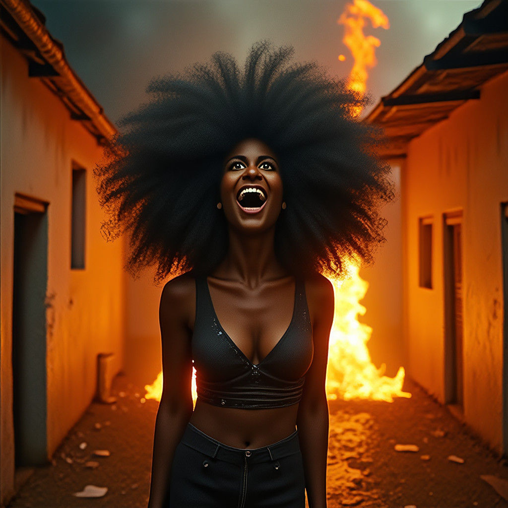 Fiery Afro Woman Laughing in Burning House
