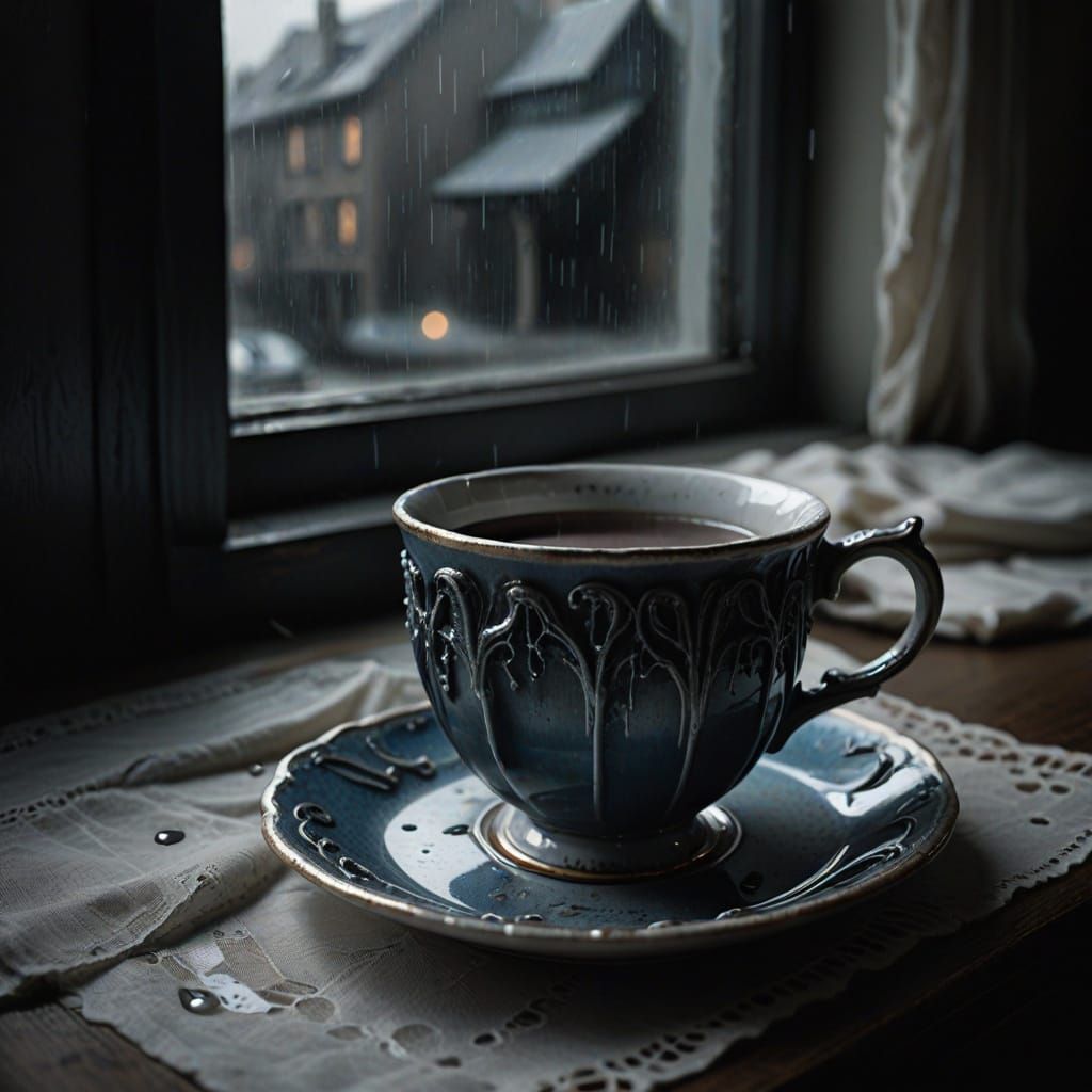 Melancholic Teacup with Lipstick Stain in Giger Style