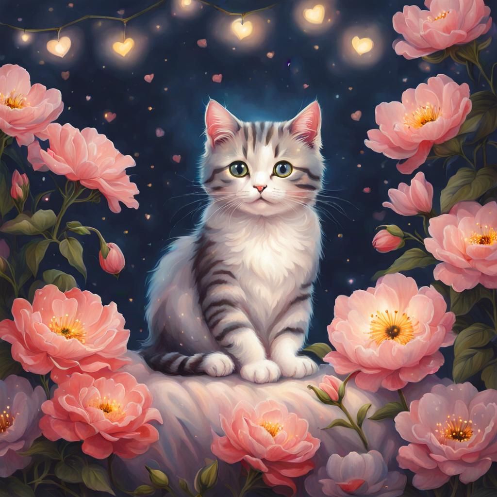 Cute Cat Surrounded by Flowers and Heart Lights