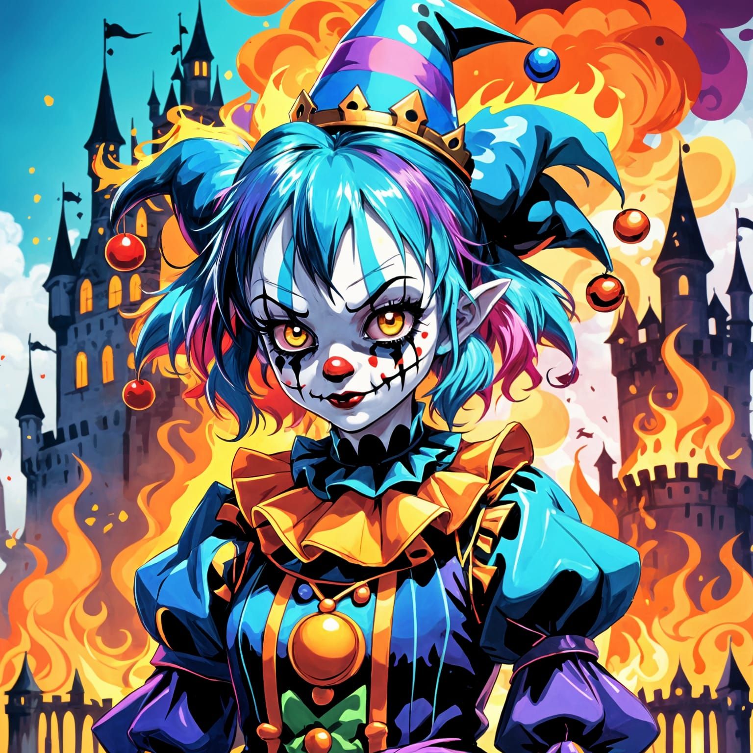 Sad Jester Girl in Burning Castle Anime Style