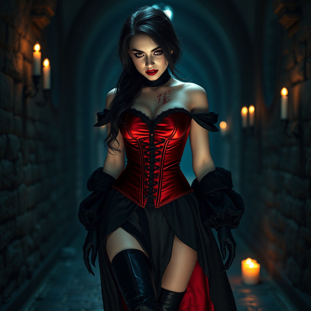 Beautiful Raven-Haired Vampiress in Dark Dungeon