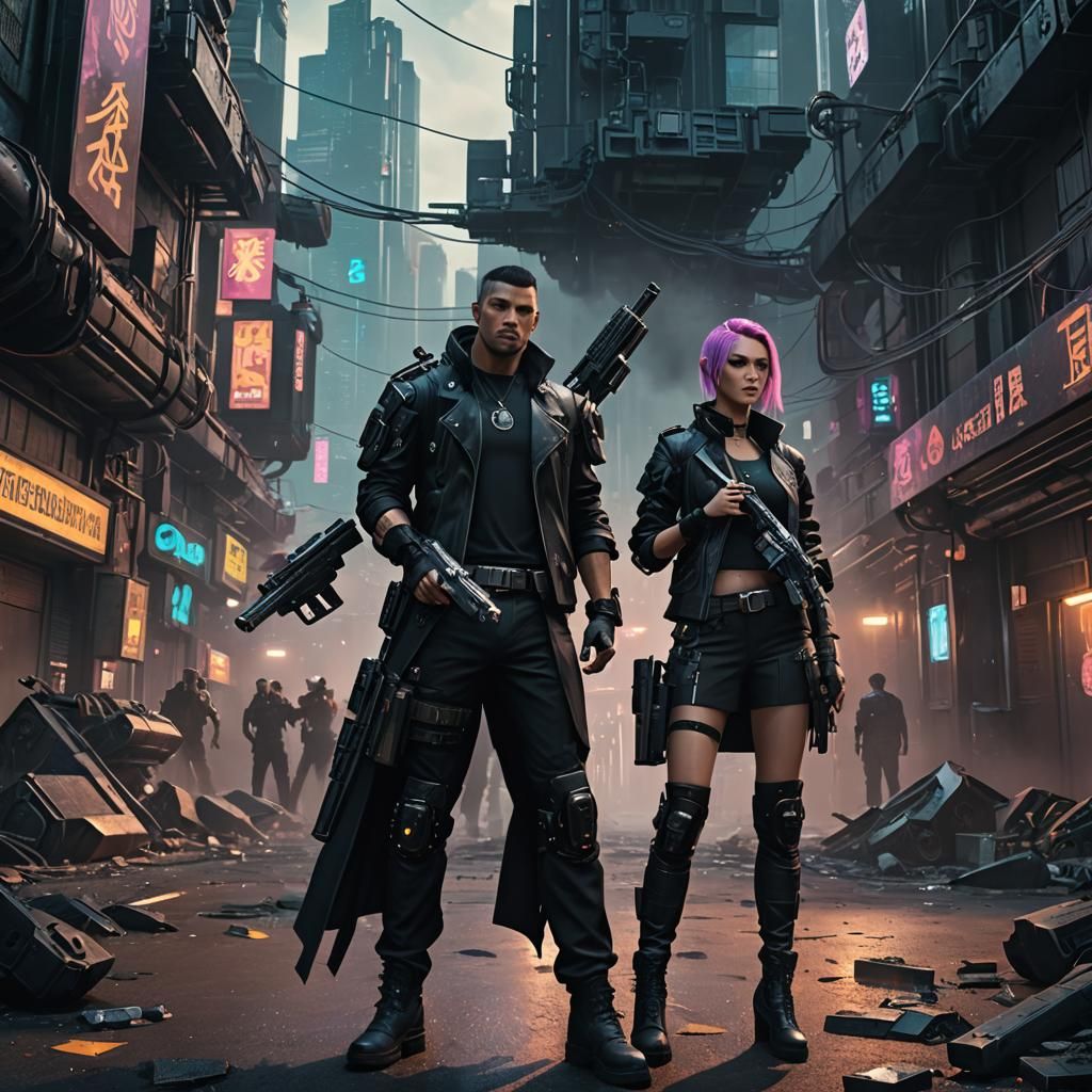 Cyberpunk Couple with Guns in Detailed Matte Painting