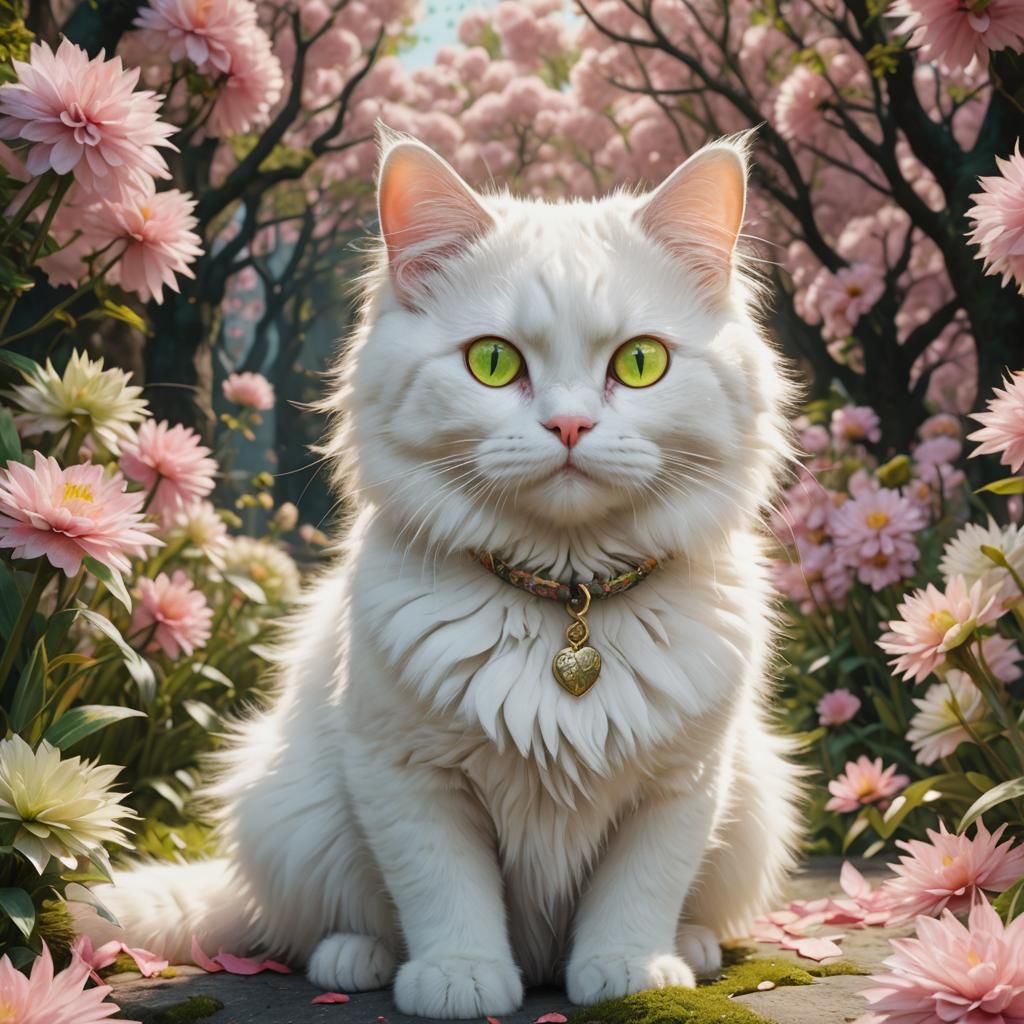 Cute Fluffy White Cat with Heterochromia in Detailed Digital...