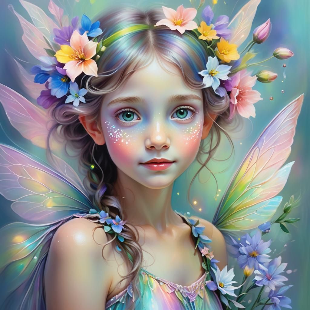 Incredible Biometric Imagineer, Flower Fairy portrait, pastels, impressionism, ethereal, iridescent