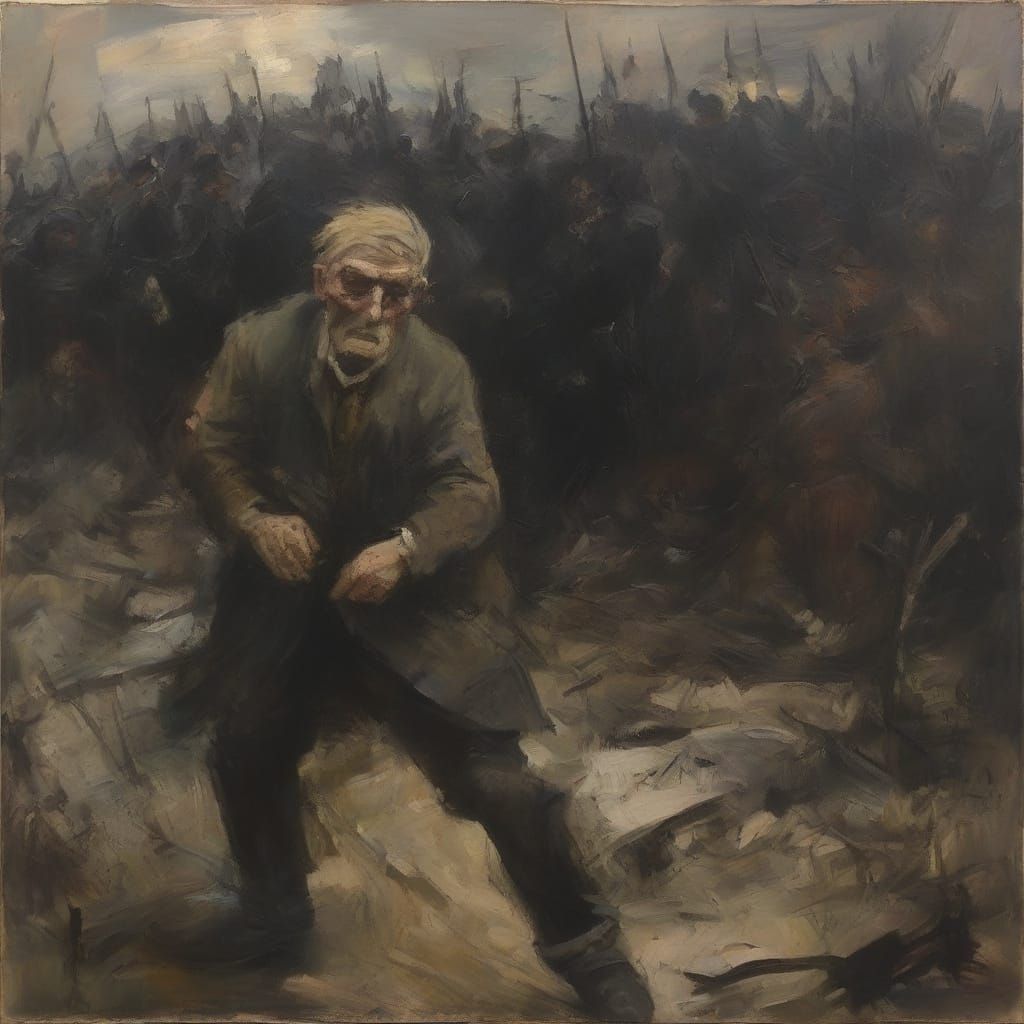 Expressionist War Scene with Lone Figure and Chaos