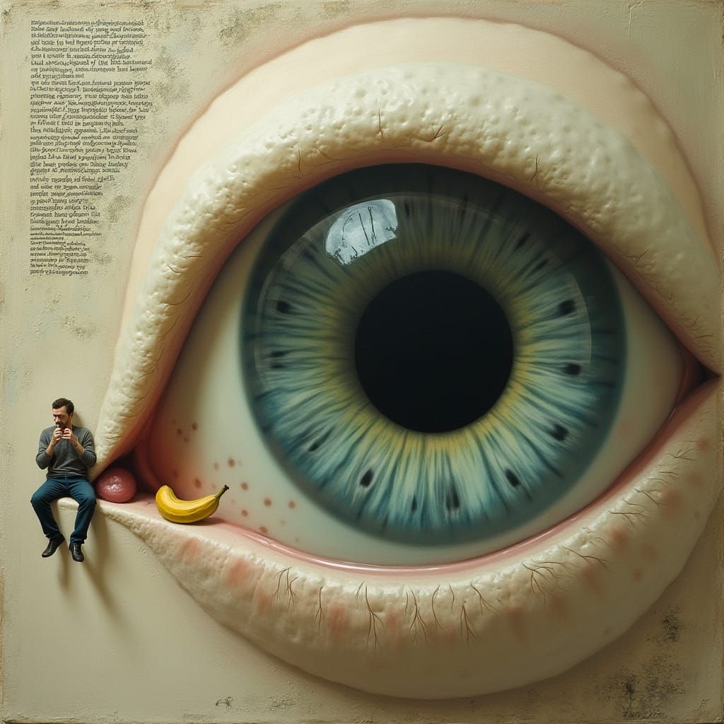 Surreal Giant Pupil Painting with Man Eating Banana
