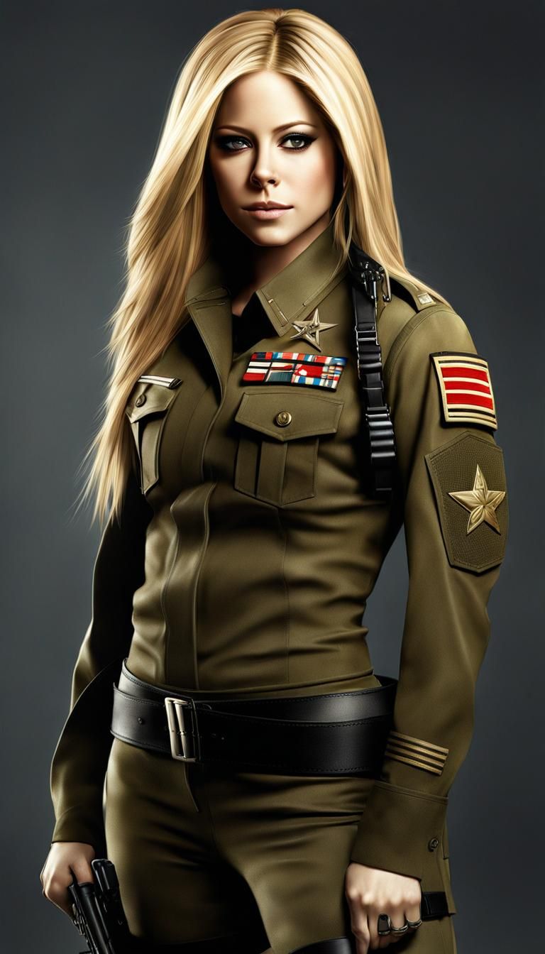 Avril Lavigne in a charismatic tight military combat outfit