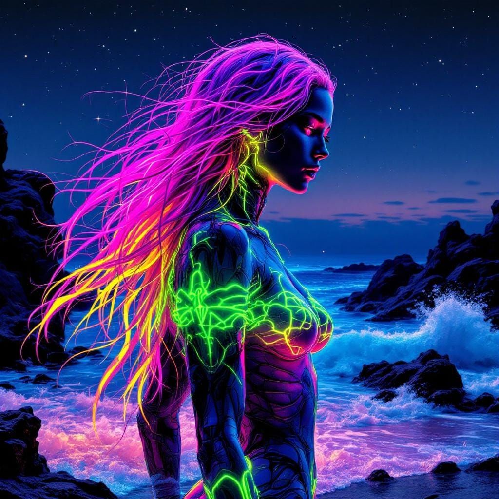 Bioluminescent Woman on Rocky Shore in Neonoir Style