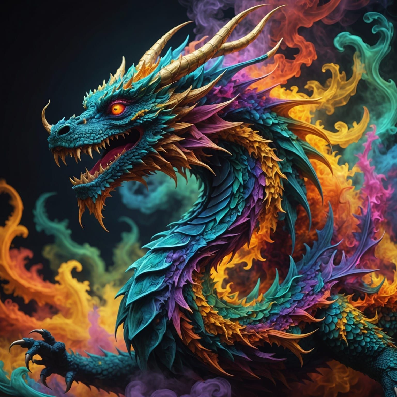 Fractal Dragon in Multicolored Smoke