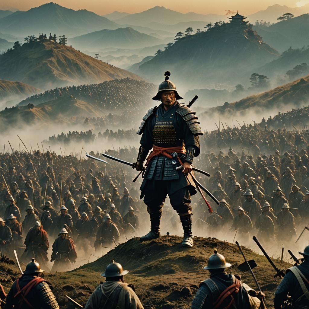 Samurai Confronts Army in Cinematic Japanese Landscape