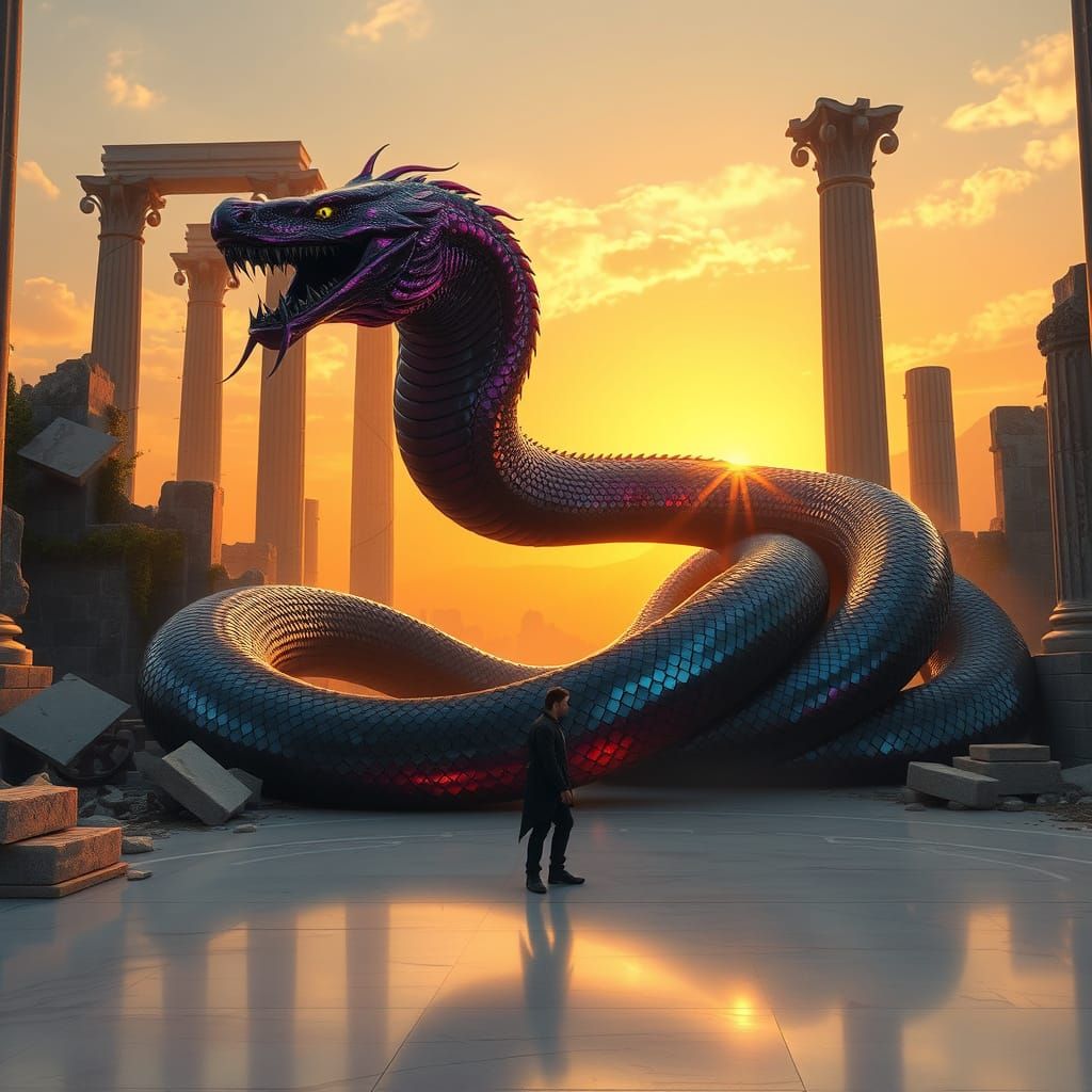 Ethereal Serpent Emerges from Ancient Temple Ruins