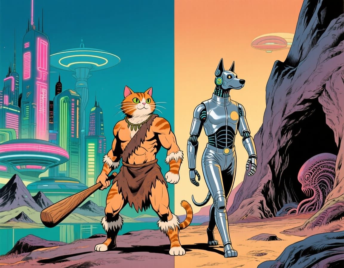 Cyborg Dog & Caveman Cat in Sci-Fi Pulp Comic Style