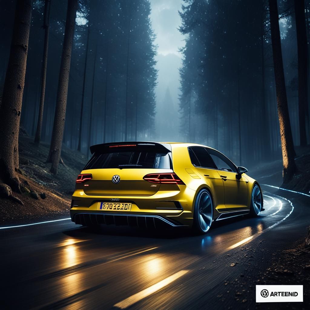 Volkswagen Hypercar Drifting on Forest Road at Night