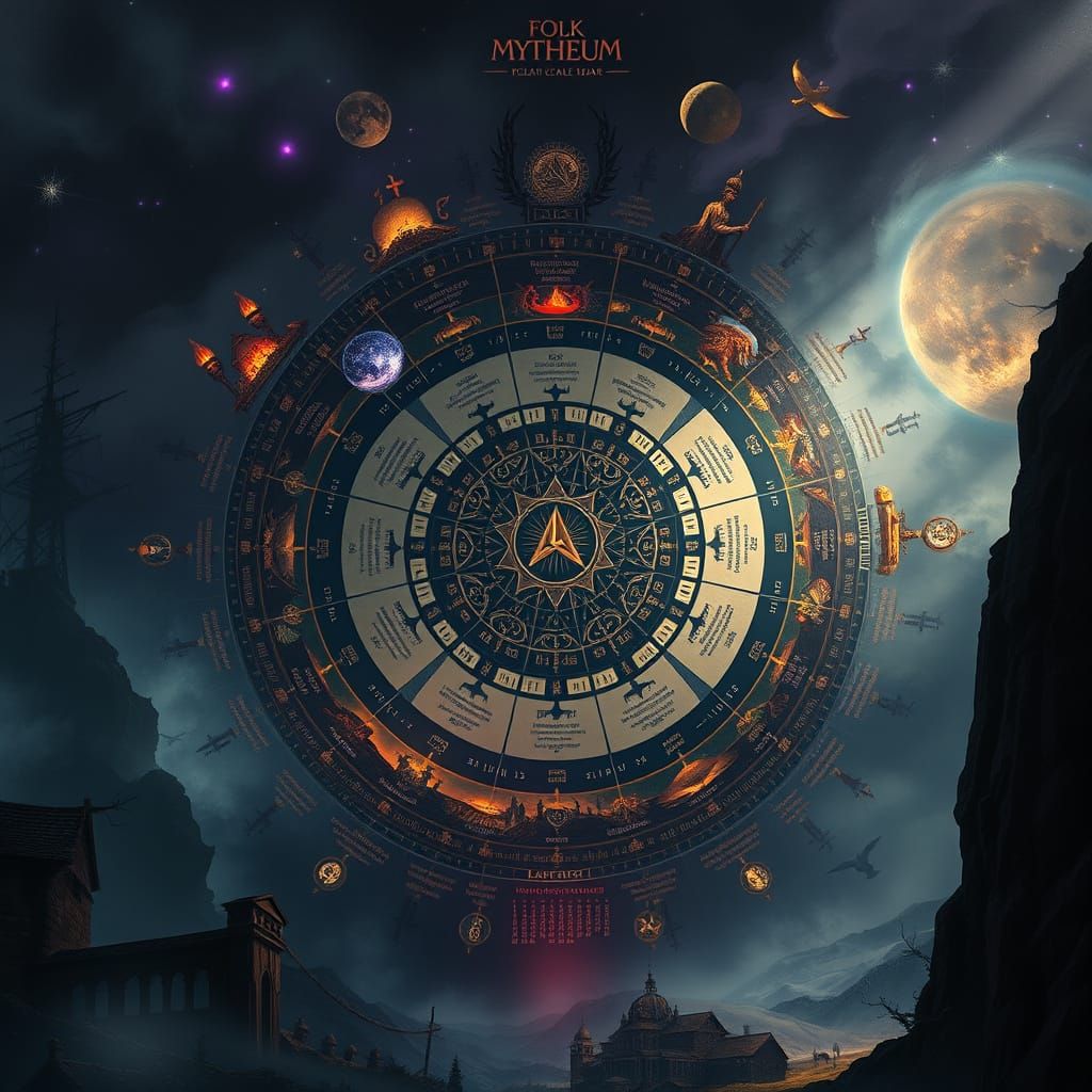 Baltic Mythology Ritual Year Calendar in Dark Fantasy Style