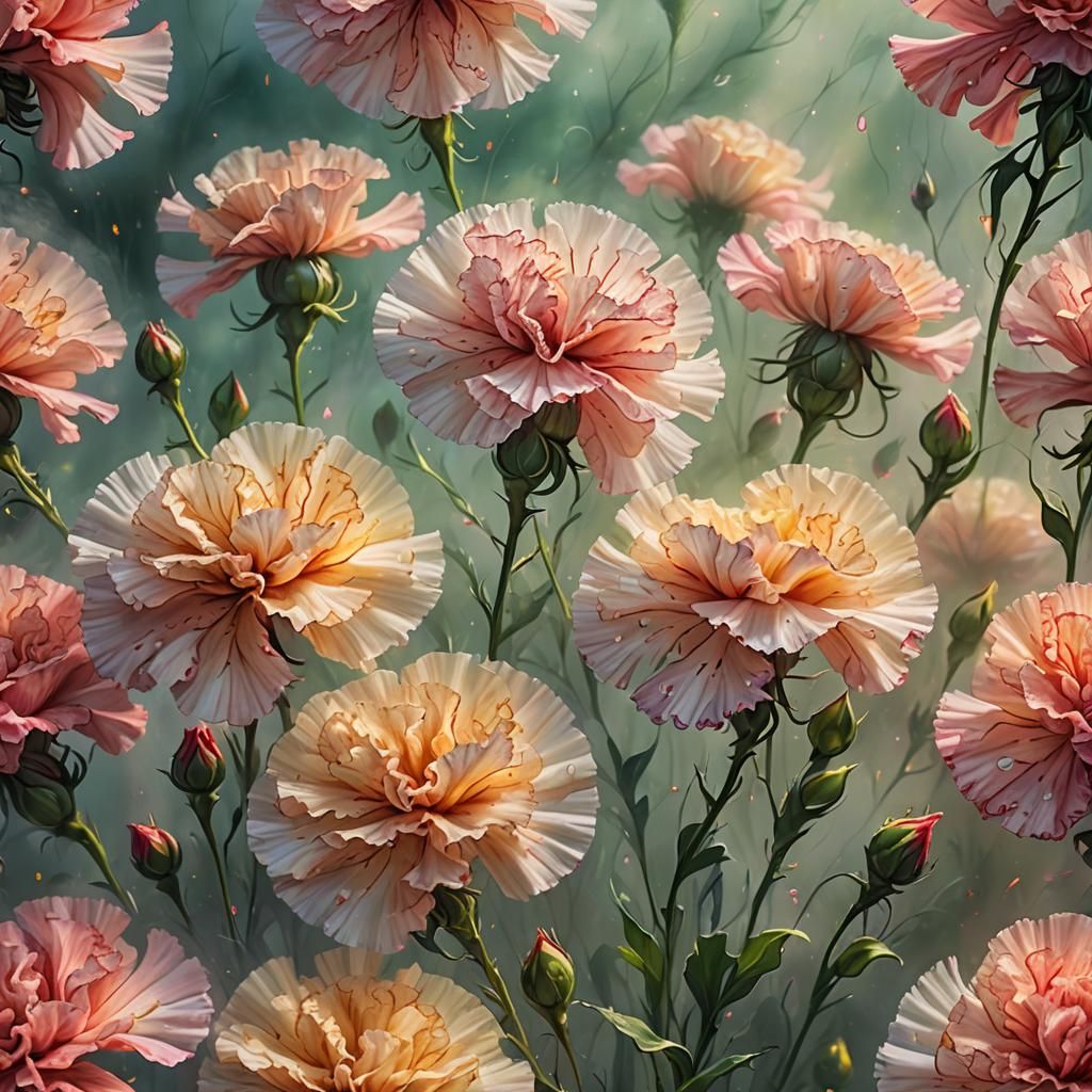 Ethereal Carnations in Mid-Air: an Art Nouveau Oil Painting
