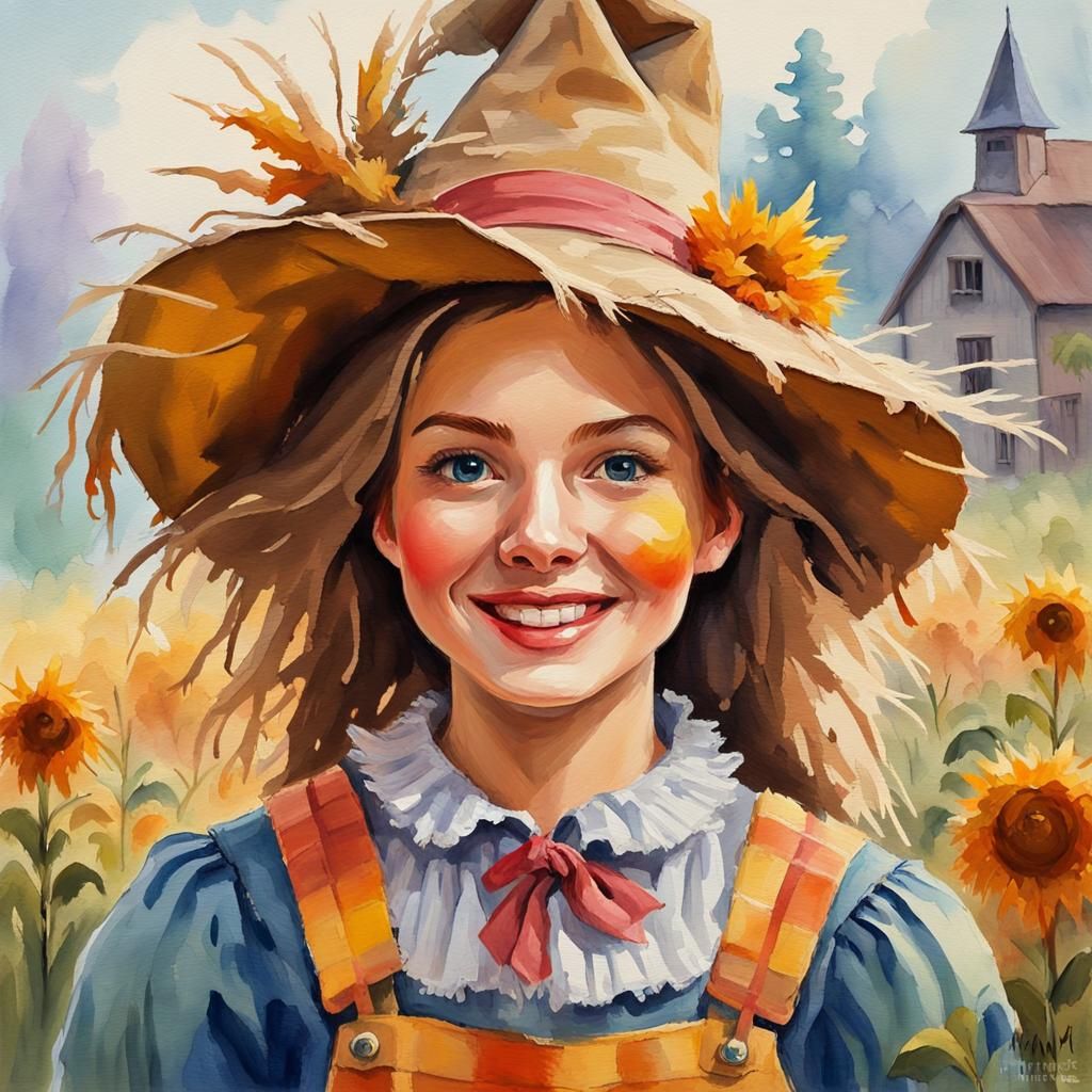Woman in Scarecrow Costume, Gouache Watercolor Style
