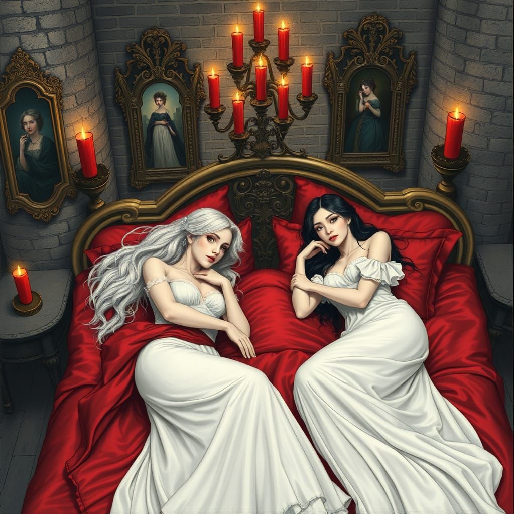 Elegant Gothic Girls in Red Silk Bedding, Inspired by Alphon...