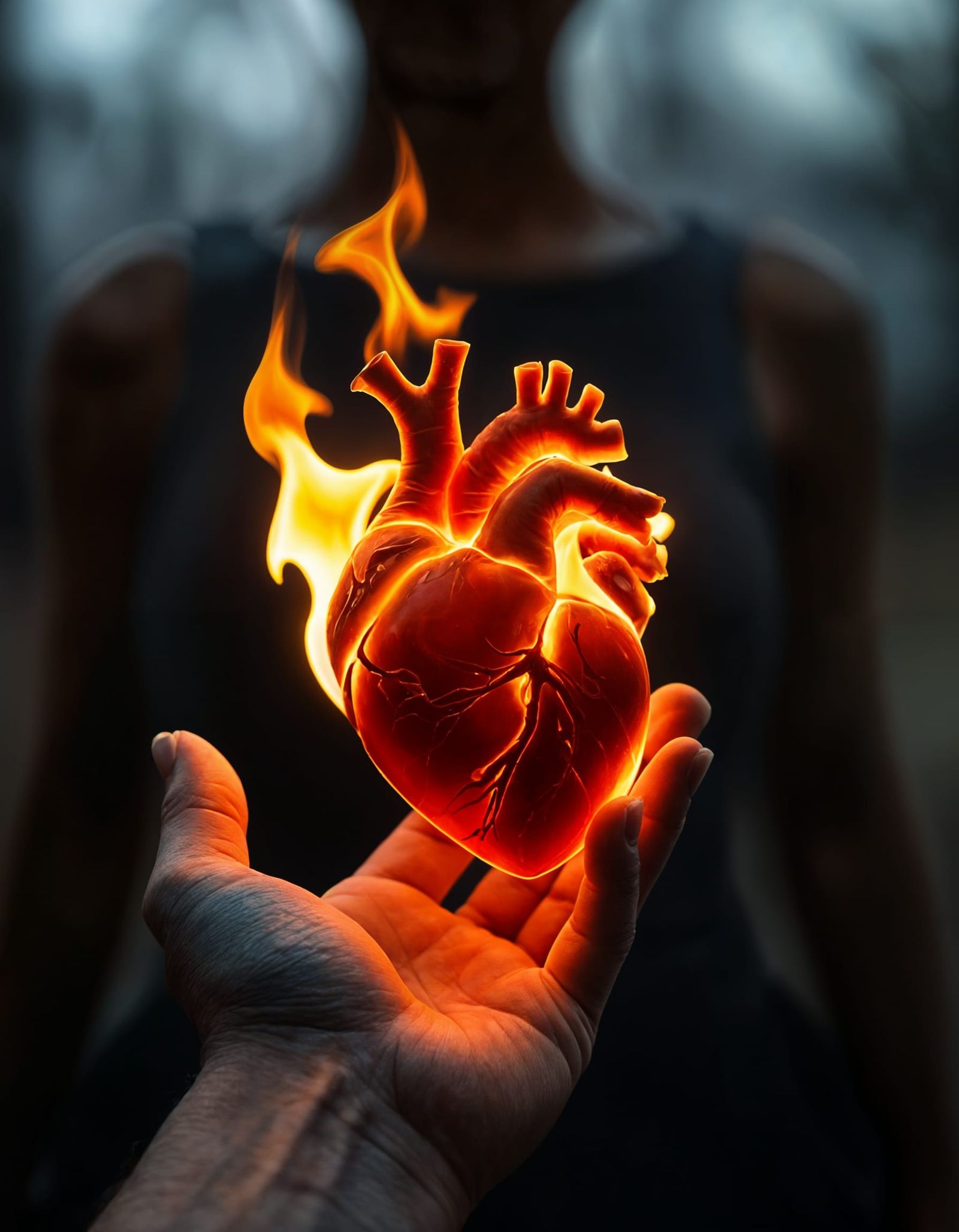 Fiery Heart Held in Hand: Surreal Photo