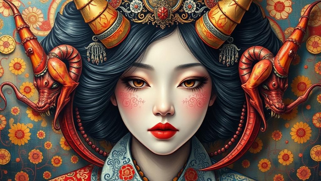 Surreal Symmetrical Portrait in Japanese Art Style