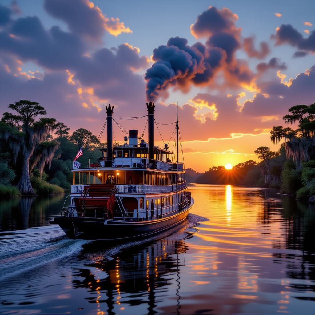 Mississippi Steamboat at Sunset in Photorealistic Style