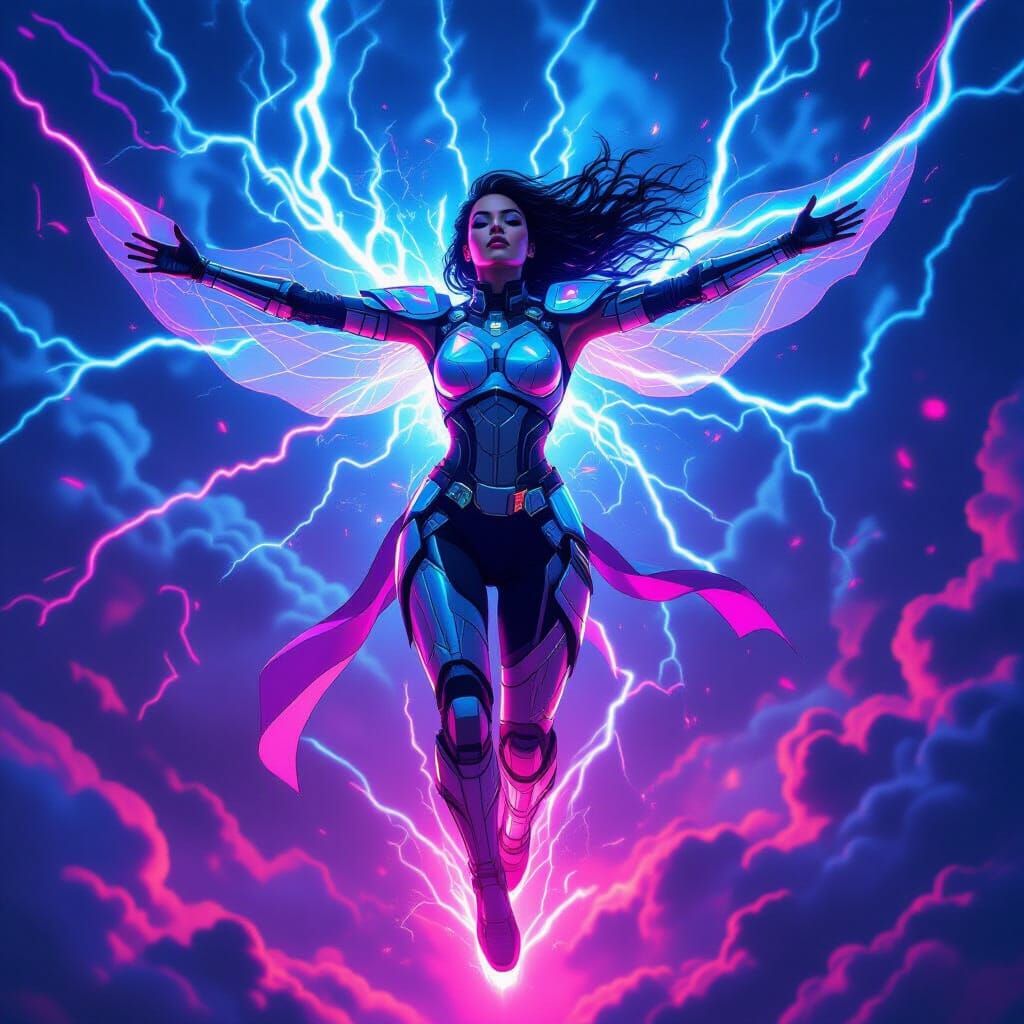 Electric Warrior in Neon Storm, Futuristic Style