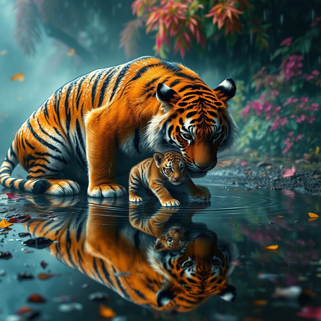 Majestic Mother Tiger in Whimsical, Misty Atmosphere