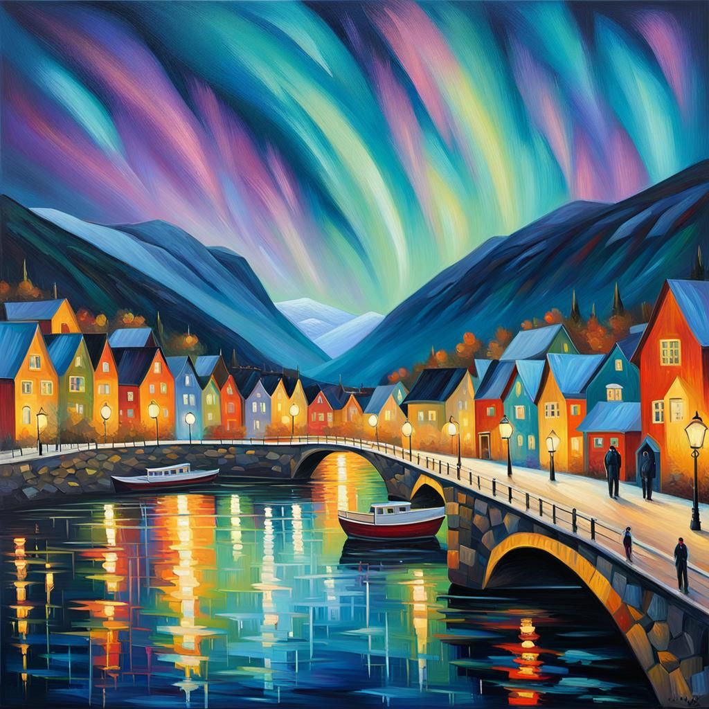 Aurora Borealis Over Norwegian Town: Expressionist Oil Paint...