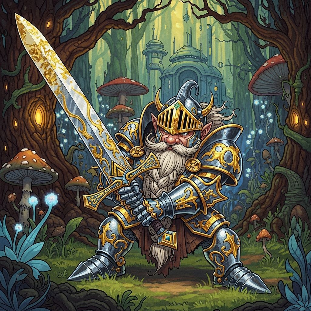 Gnome Knight in Shining Armor, Medieval Illustration