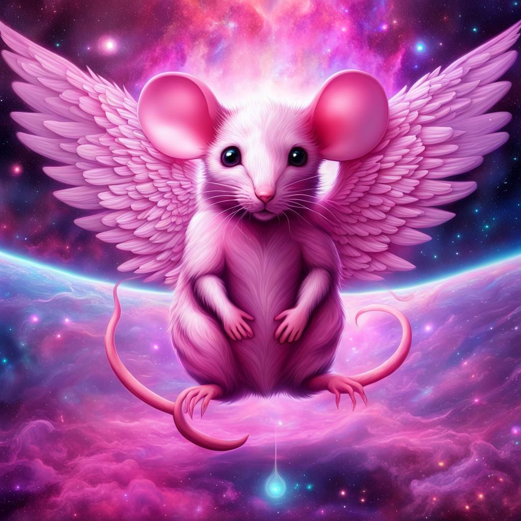 Pink Mouse Angel Wings in Galactic Flight
