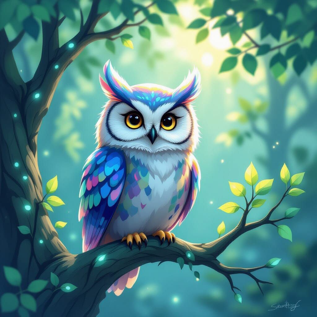 Whimsical Owl on Bioluminescent Tree in Comic Style