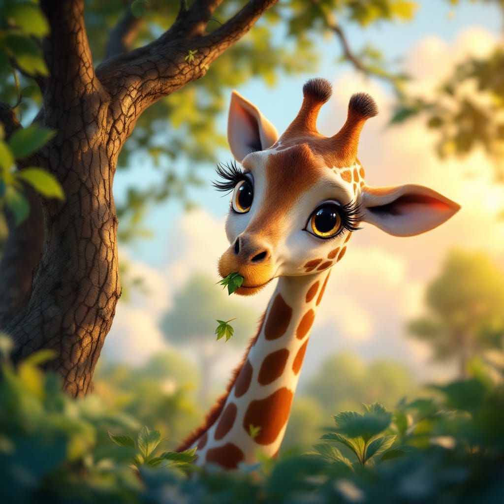 Whimsical Giraffe Eating Leaves in Vibrant 3D Anime Style