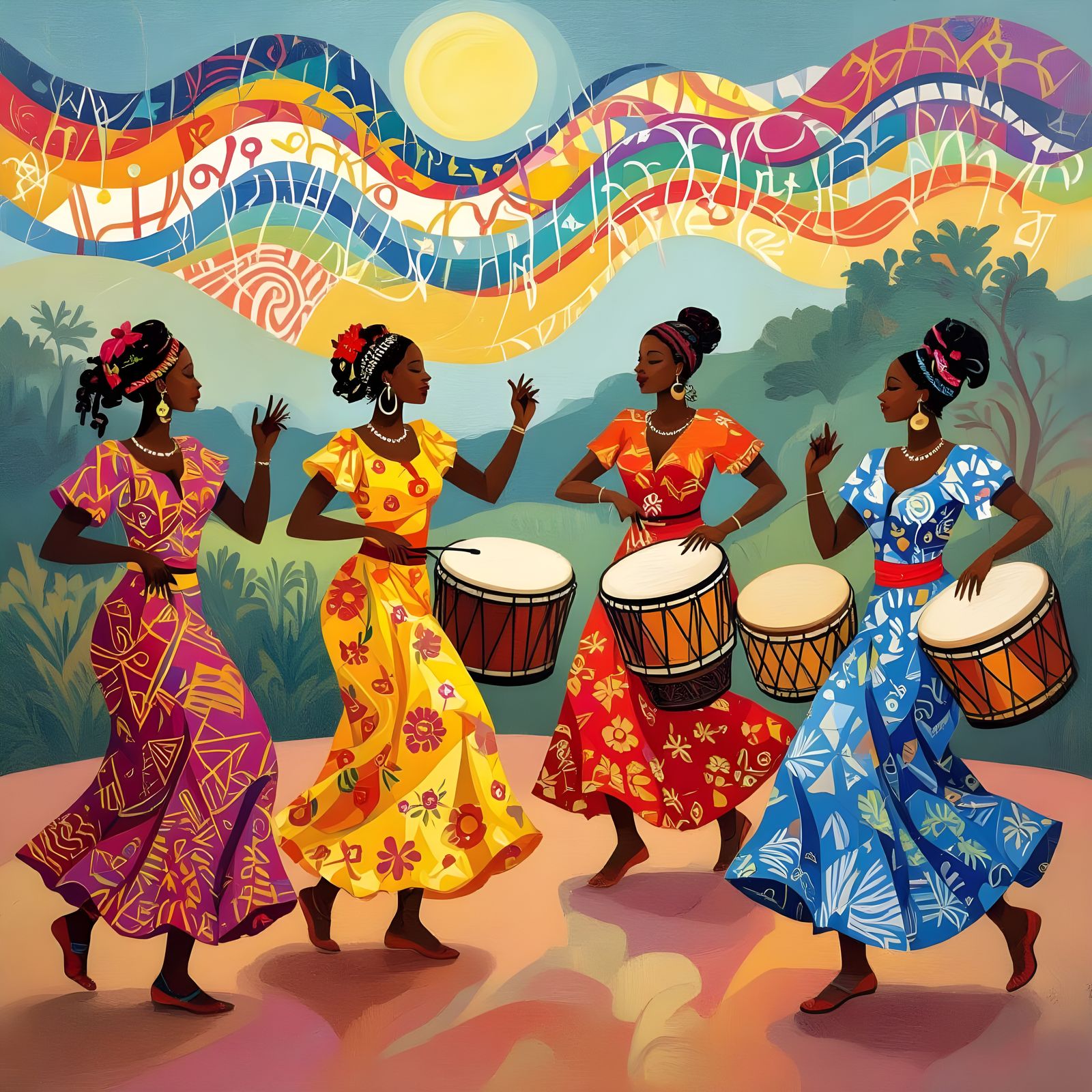 Vibrant Painting of Dancers Moving to African Drums