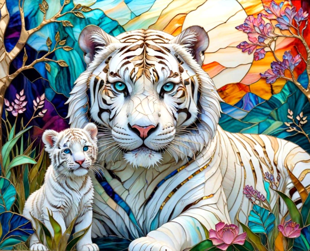 Stunning White Tiger in Vibrant Stained Glass Landscape