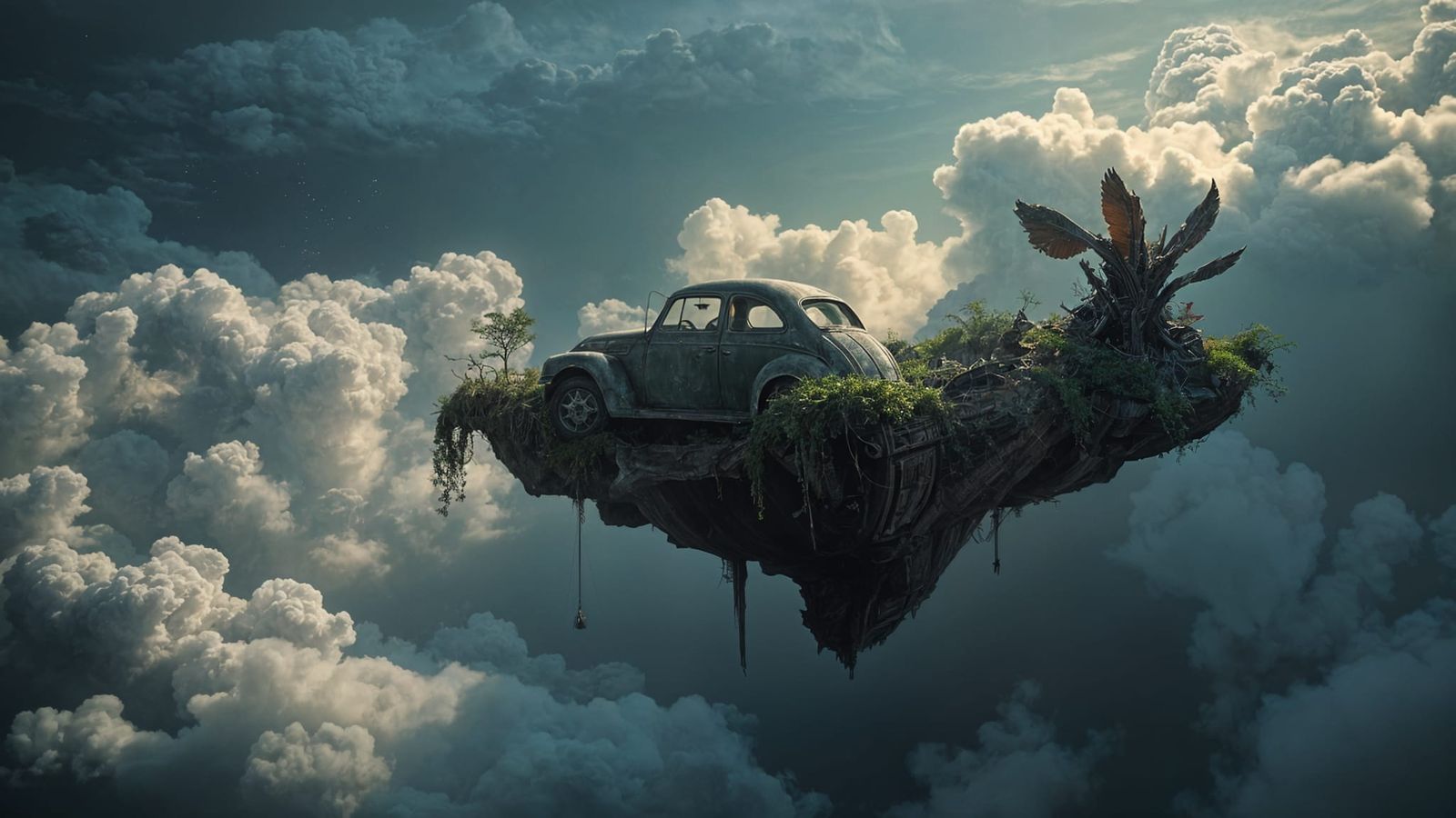 Rusted Car on Floating Island with Bioluminescent Flora