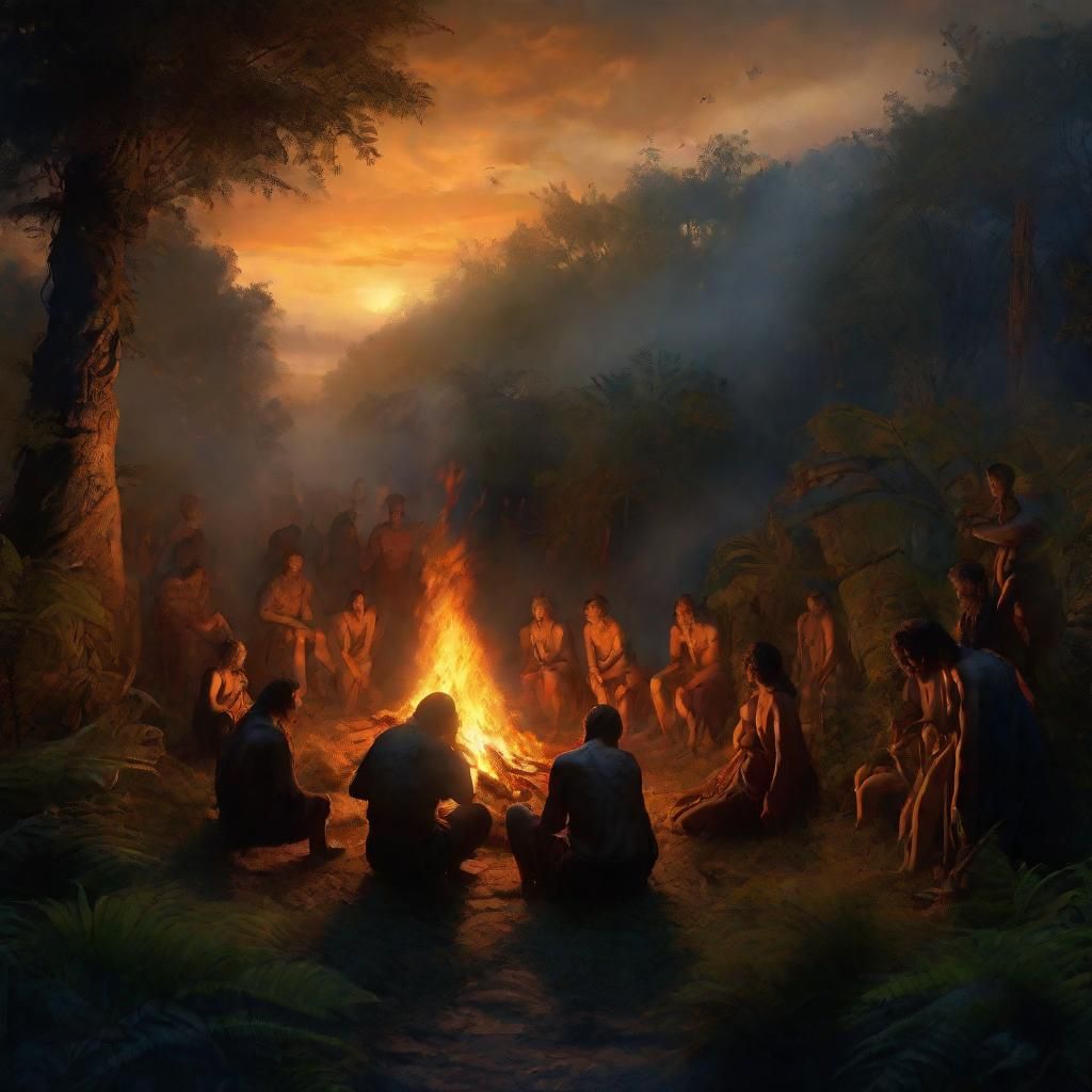 Prehistoric Gathering by Fire in Romanticism Style