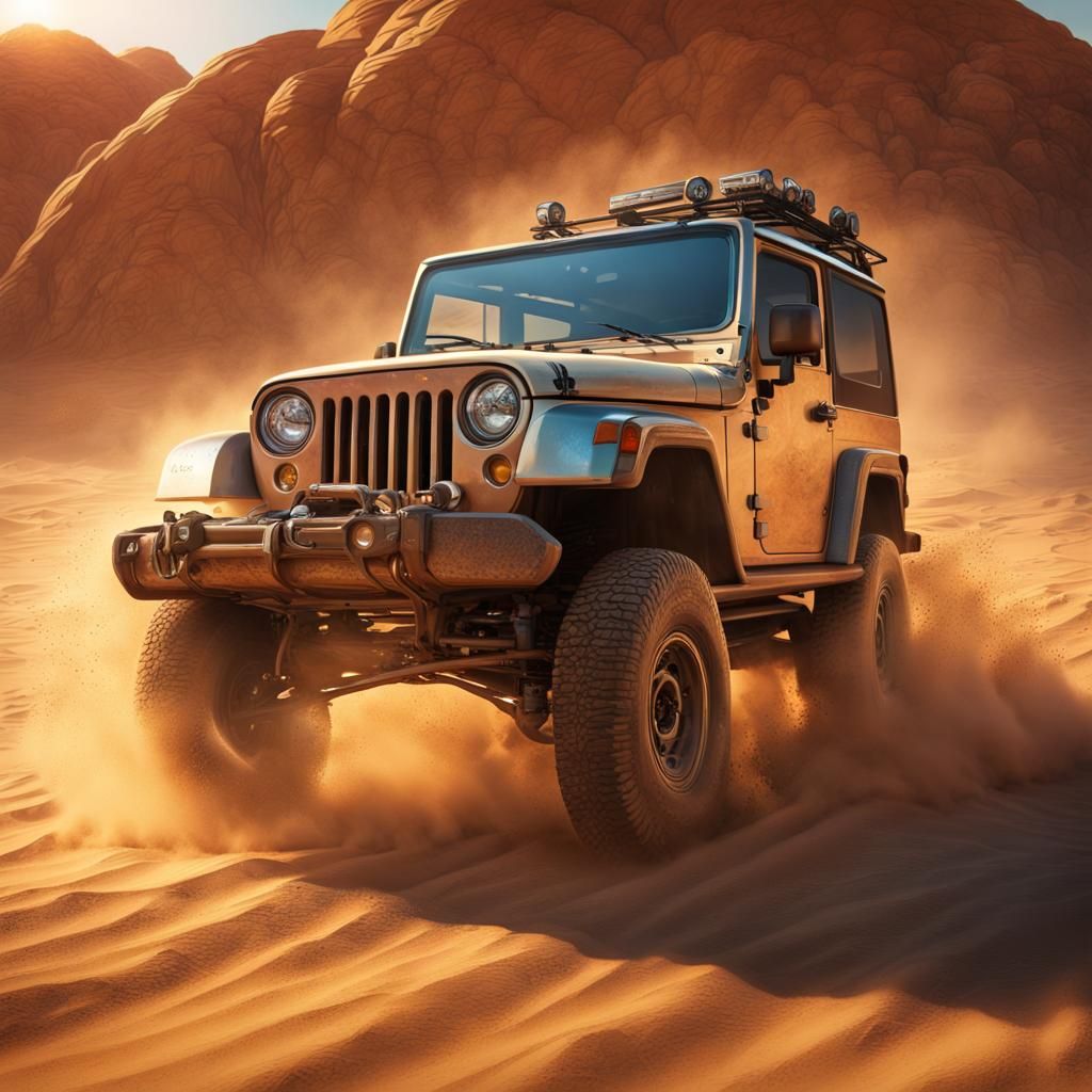 Adventure Jeep in Sunset Desert Landscape