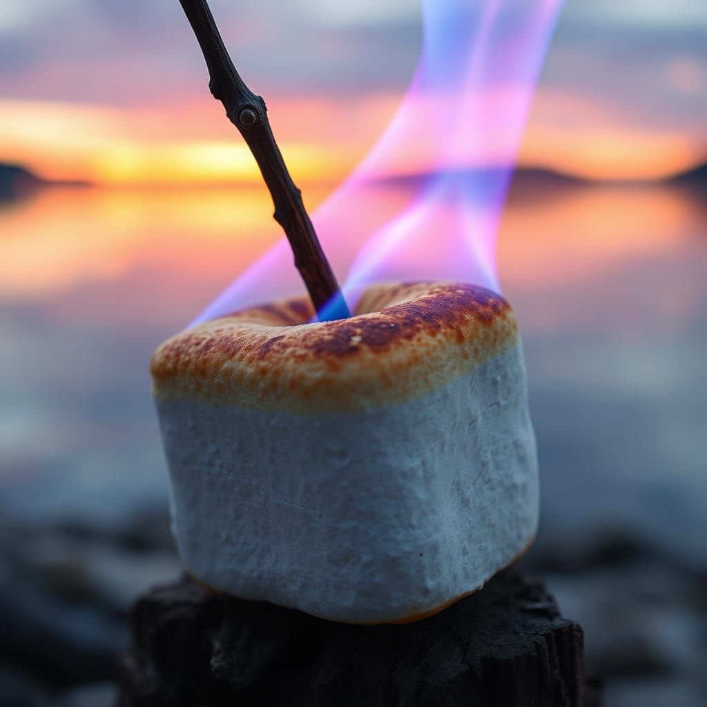 Golden Marshmallow Ablaze with Twig and Serene Lake
