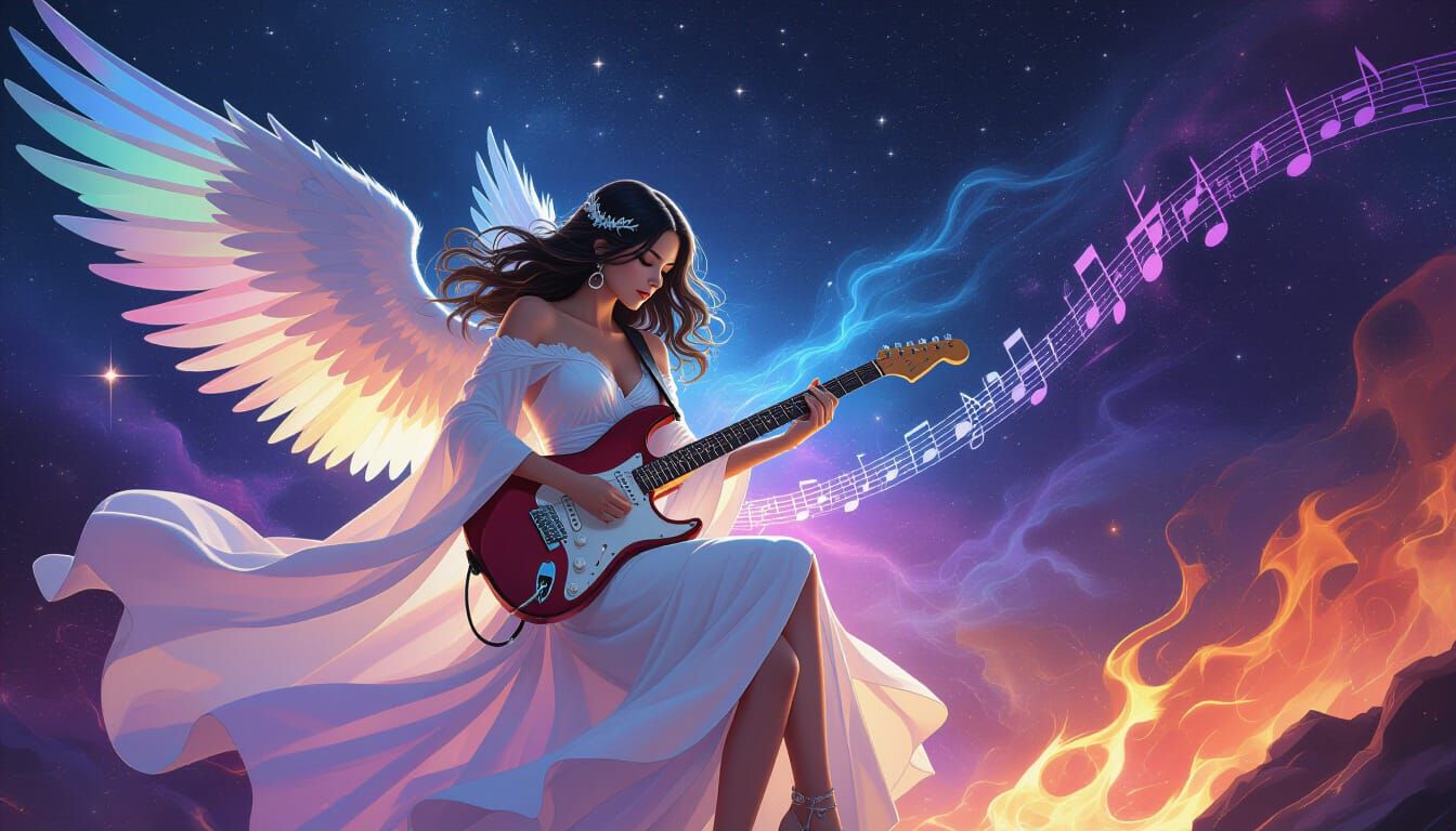 Celestial Goddess Shreds Guitar on Starry Stage