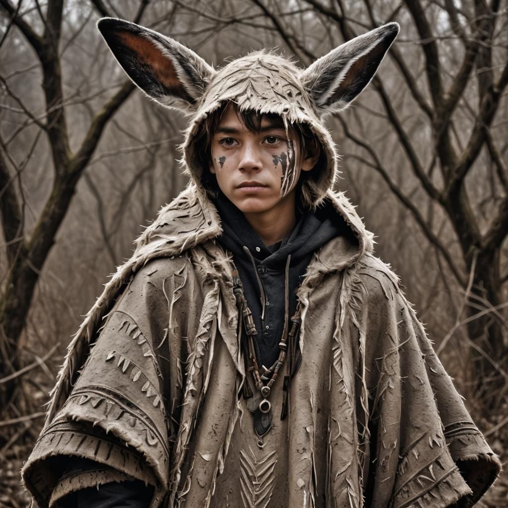 Hyperrealistic Tribal Boy with Rabbit Ears