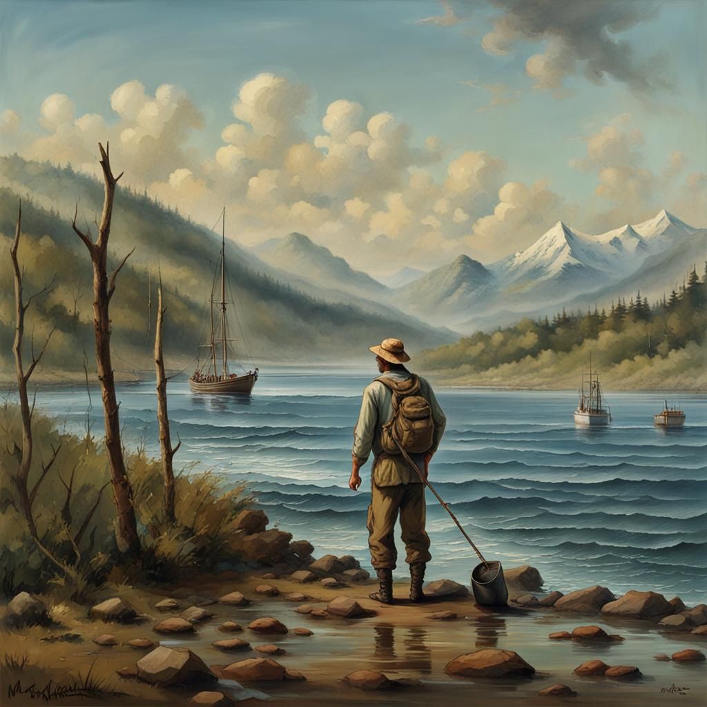 Fisherman in the Mountains: Serene Silhouette