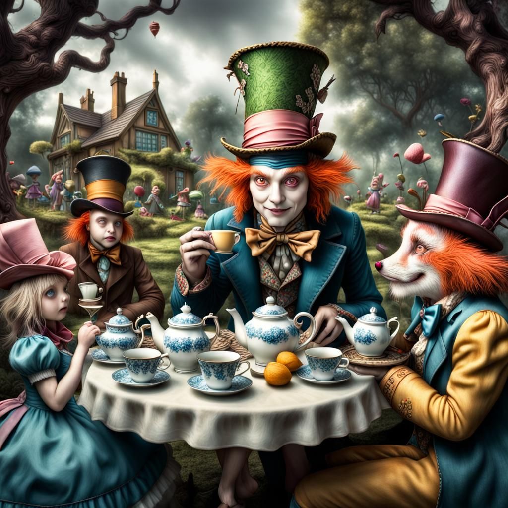 Hyperrealistic Mad Hatter's Tea Party in HDR