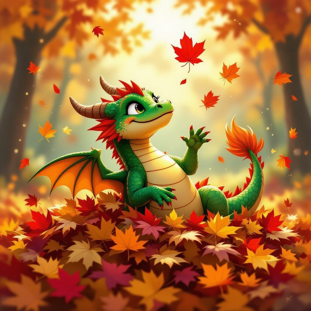 Joyful Emerald Dragon Plays in Autumn Leaves