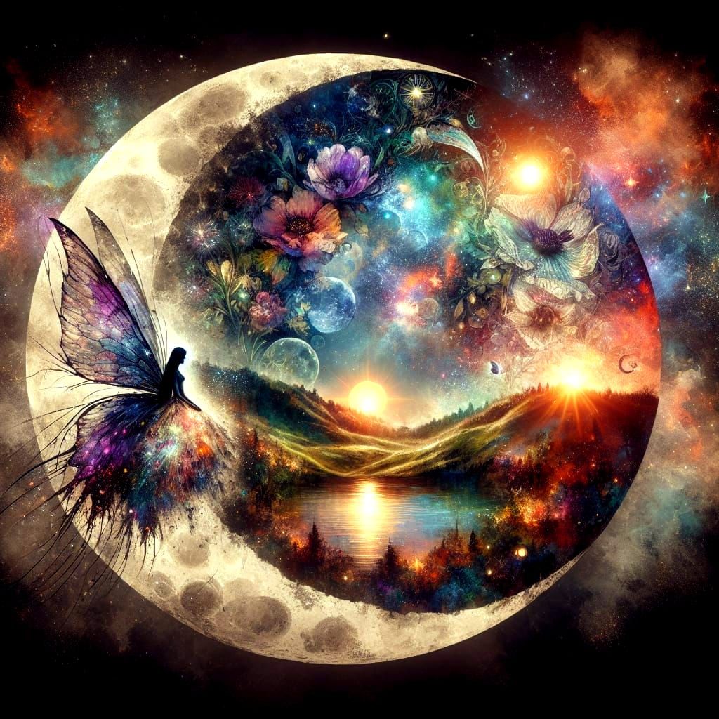 Fairy in Moon Microcosm with Galaxy, Romantic Watercolor Sty...