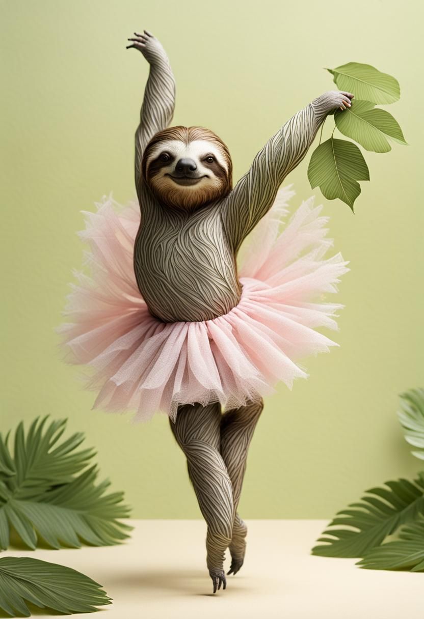 Sloth Ballerina in Rainforest, Watercolor Style