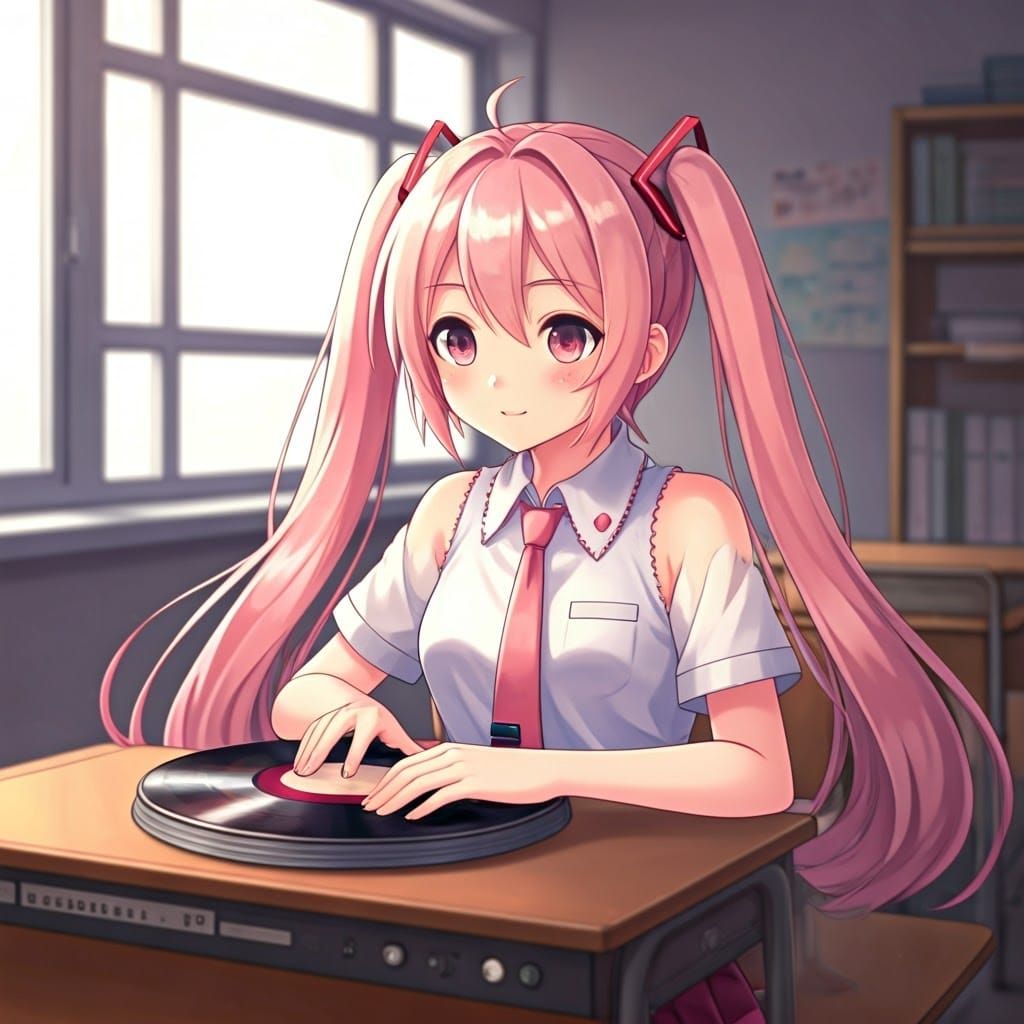Sakura Hatsune Miku DJing in Classroom